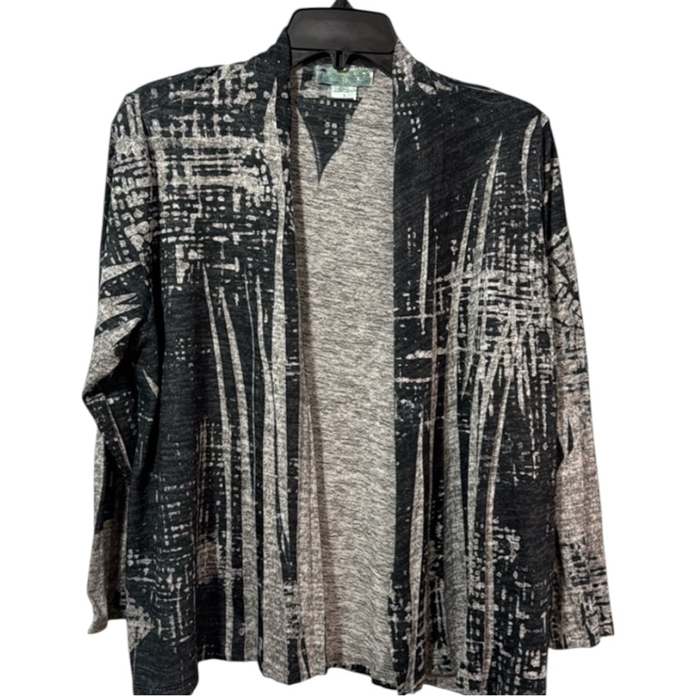 Impulse Sweater Black/Grey cardigan Open Front Pleat Design in Size L‎ NWT
